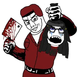 anti furry unit, soytan, chudjak, 2soyjaks, almost full body, anti soytan, black hair, blood, buff, cleaver
