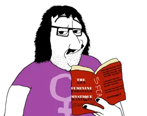 smugjak, black eyes, black hair, book, closed mouth, fat, feminism, glasses, hair, half body