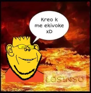 bart simpson, impish soyak ears, 1soyjak, demon, drawn background, ear, fire, glasses, half open mouth, hell
