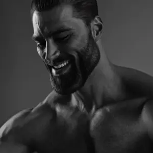 gigachad, almost full body, animal, animated, beard, black eyes, buff, cat, closed eyes, feline