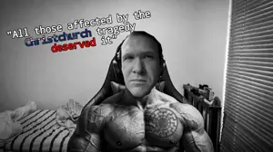 gigachad, deserved it, brenton tarrant, buff, chair, couch, gray background, gray skin, grayscale, half body