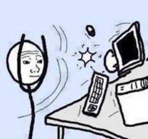 wojak, bald, black eyes, blue background, computer, half body, keyboard, neutral, no beard, no glasses