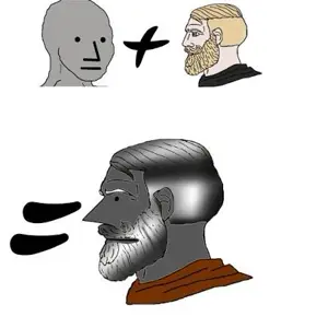 npc wojak, wojak, yes chad, beard, closed mouth, combination, gray skin, no beard, no glasses, npc
