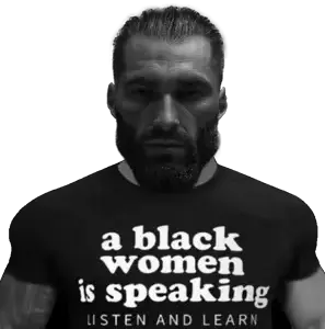 gigachad, 1nas, a black women is speaking listen and learn, beard, black eyes, black hair, closed mouth, english text, front view, gray skin