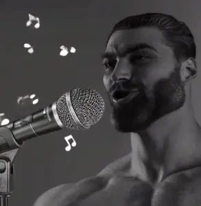 gigachad, beard, buff, ear, gray background, gray skin, hair, half body, microphone, nigger