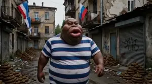 meximutt, bantumutt, ak-47, assault rifle, black skin, buildings, closed mouth, clothes, explosion, garbage