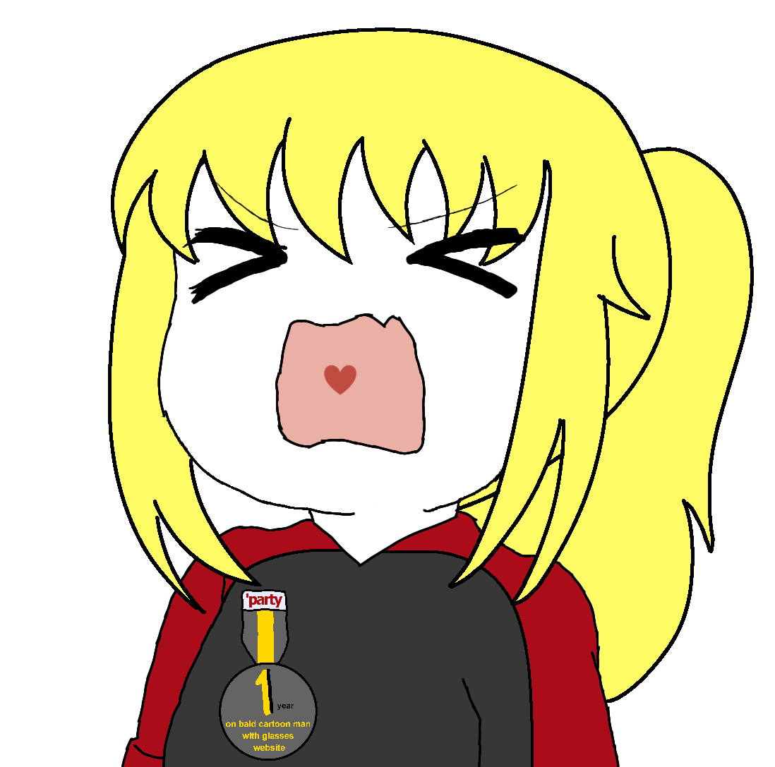 kate hikes, 1 year on bald men with glasses website, anime, anime girl, badge, blonde hair, closed eyes, female, girl, gray shirt