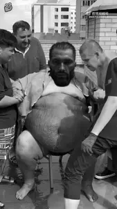 gigachad, gigachaded, 1nas, beard, black and white, chinese text, closed mouth, fat, front view, gray skin
