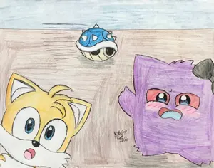 sonic the hedgehog, two pointing soyjaks, fox, not a soyjak, open mouth, sega, shell, tails (sonic), video game, pokémon
