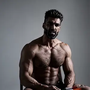 gigachad, almost full body, beard, black hair, brown eyes, brown skin, buff, front view, gray background, hair