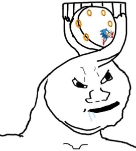 sonic the hedgehog, wojak, black eyes, brainlet, no beard, no glasses, open eyes, open mouth, sega, skinny
