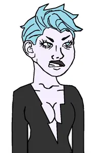 female wojak, livewire, wojak, angry, blue eyes, blue hair, blue skin, clothes, ear, open eyes