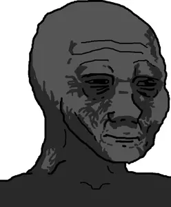 wojak, closed mouth, depressed, gray skin, no beard, no glasses, open eyes, portrait, sad, skinny