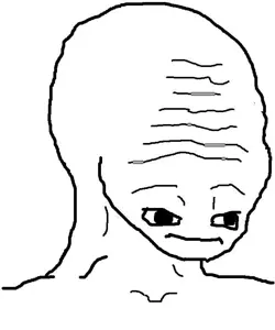 wojak, black eyes, closed mouth, no beard, no glasses, no nose, open eyes, portrait, uncolored skin, white background