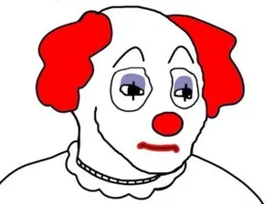 wojak, black eyes, closed mouth, clown, clown nose, hair, makeup, no beard, no glasses, open eyes