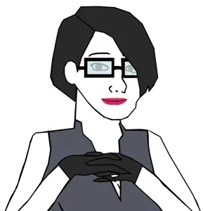 mercy graves, wojak, black eyes, black hair, clasped hands, closed mouth, female, foid, glasses, hair