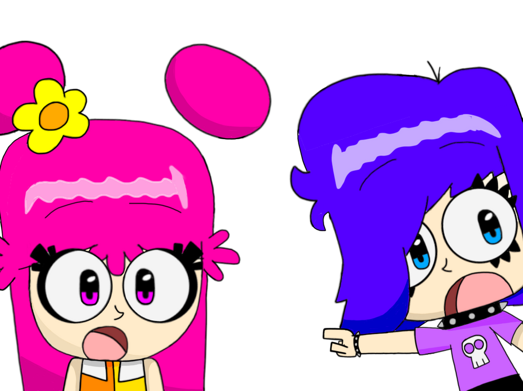 two pointing soyjaks, arm, blue eyes, blue hair, cartoon, cartoon network, clothes, hair, hands, hi hi puffy amiyumi
