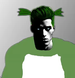 der coomer, gigachad, gigacoomer, young giga, 4cuck, front view, gray background, green hair, green shirt, looking at you
