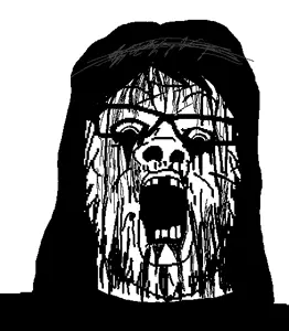 a24 slowburn soyjak, barbed wire, black and white, black metal, blood, bloodshot eyes, eye bags, hair, horror, manic
