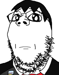 gapejak, wholesome soyjak, 1soyjak, big eyes, black and white, black eyes, black hair, black shirt, cheek lines, closed mouth