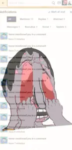 squidward tentacles, wojak, pink rage, angry, black hair, bloodshot eyes, hair, no glasses, notifications, obsession