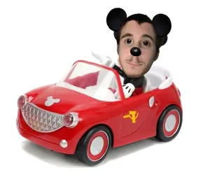 mickey mouse, 1nas, black hair, car, closed mouth, communism, driving, hair, hammer and sickle, looking at you