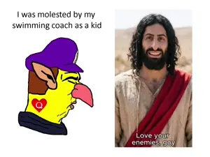 happy merchant, waluigi, yes chad, yes chinlet, i was raped yesterday, 1nas, almost full body, background, brown hair, chink
