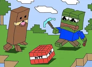 apu, creeper, pepe, block, blocks, brown skin, drawn background, full body, gondola, green skin