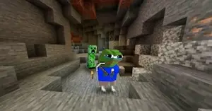 apu, creeper, pepe, black eyes, cave, full body, green skin, no glasses, pickaxe, pickaxe (minecraft)