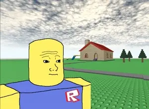 wojak, black eyes, closed mouth, half body, house, neutral, no glasses, old roblox, open eyes, standing