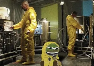 apu, pepe, walter white, animal, cat, full body, green skin, hazmat suit, irl background, jesse pinkman