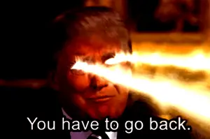 donald trump, blonde hair, clothes, go back, hair, inverted, inverted colors, laser, laser eyes, looking to the right