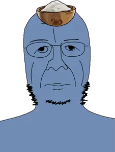 klaus schwab, unknown, useful salts, 1soyjak, bald, black eyes, blue skin, bowl, closed mouth, front view