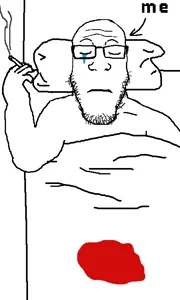 markiplier soyjak, neutralplier, me and your mom, 1soyjak, arm, bald, bed, black hair, blanket, blood