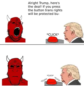 donald trump, yes chad, gapejak, markiplier soyjak, neutralplier, 2soyjaks, black eyes, blonde hair, closed mouth, front view