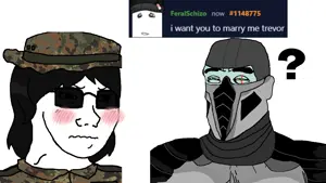 smoke (mortal kombat), chudjak, soyak, female soyak, perceptive chud, 2soyjaks, armor, balaclava, black hair, blush