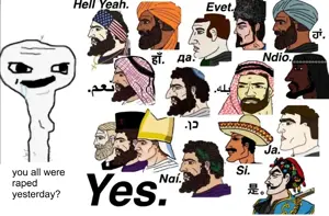 wojak, yes chad, i was raped yesterday, america, arab, asian, beard, black eyes, black hair, black skin