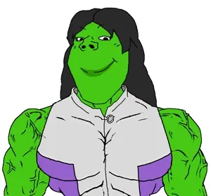 hulk, gapejak, female gapejak, wholesome soyjak, femjak, black hair, buff, closed mouth, female, femjak