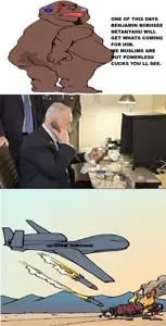 meximutt, 1soyjak, back view, benjamin netanyahu, black eyes, black hair, bomb, brown skin, closed mouth, drone