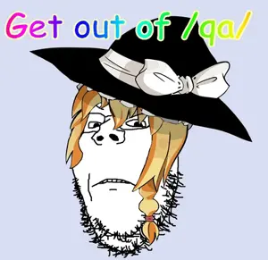 gapejak, get out of qa, /qa/ (4chan), 1soyjak, angry, anime, blue background, clothes, glasses, hair
