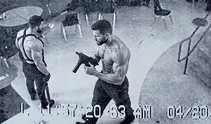 gigachad, back view, black eyes, black hair, buff, cafeteria, closed mouth, columbine, covered eyes, ear