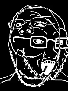 gapejak, soyak, wholesome soyjak, black background, black hair, closed mouth, difference, glasses, hair, inverted