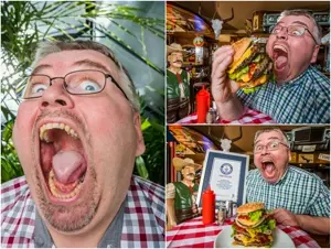 bernd, gapejak, irl soyjaks, bernd schmidt, blue eyes, brown hair, english text, food, glasses, gray hair