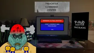 disgusting trevorcreature, alarm, alert, angry, awards, bald, closed mouth, command center, computer monitor, fat