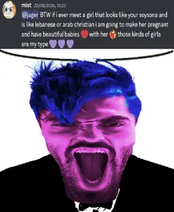 gigachad, gigayell, 1soyjak, angry, beard, blue hair, discord, ear, emoji, front view