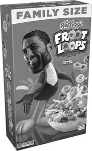 gigachad, animal, bird, box, cartoon, cereal, food, froot loops, looking to the left, milk