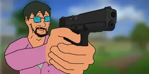 ak47, soyak, 1soyjak, black eyes, closed mouth, game background, glasses, gray hair, gun, hair