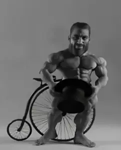 gigachad, beard, bicycle, buff, cleavage, clothes, gray background, gray hair, gray skin, hat