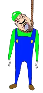 luigi, bernd, hanging troonjak, troonjak, 1soyjak, ack, black eyes, black mustache, bloodshot eyes, blue overalls