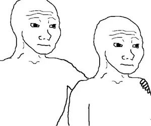 wojak, 2nas, bald, black eyes, closed mouth, friends, friendship, half body, no beard, no glasses